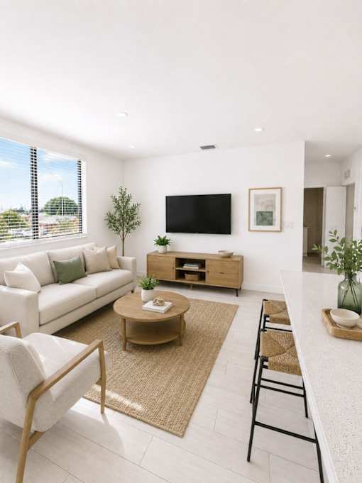 A living room with a white couch, a coffee table, and a flat screen TV mounted on the wall.
