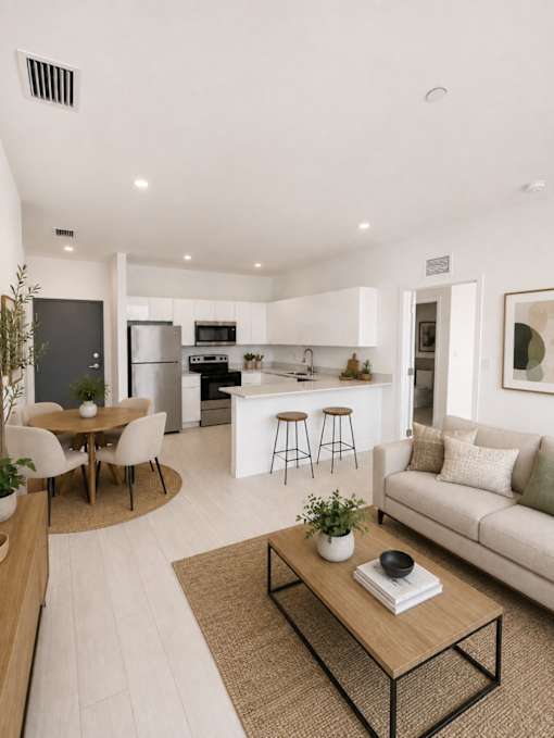 A modern living room with a kitchen in the background.