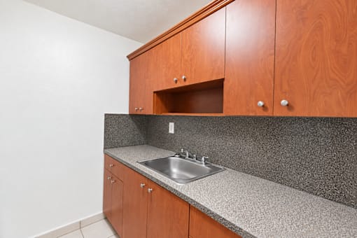 A kitchen with a sink and cabinets.