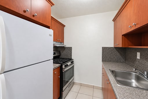 A kitchen with a white refrigerator, black stove, and a sink.
