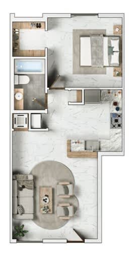 A floor plan of a house with a kitchen, living room, and bathroom.