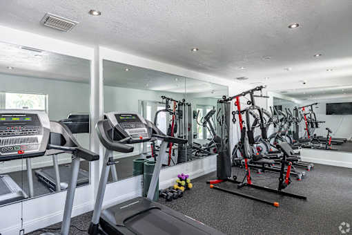 A gym with treadmills, exercise bikes, and other equipment.