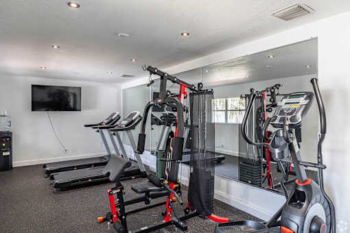 A gym with a row of treadmills and exercise bikes.