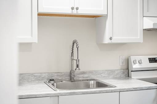 A kitchen with a sink and a faucet.