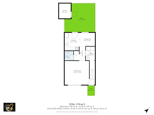 A floor plan of a house with a kitchen, dining area, and living room.