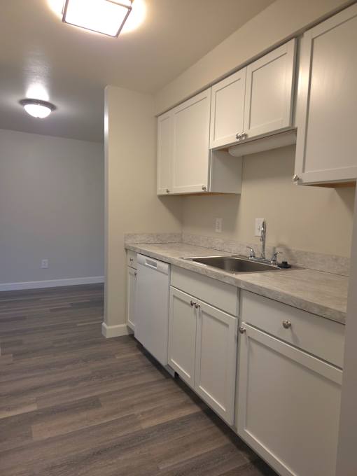 A kitchen with white cabinets and a marble countertop.