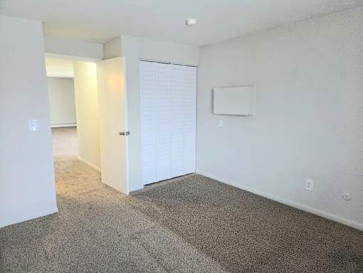 A room with a carpeted floor and a white door.