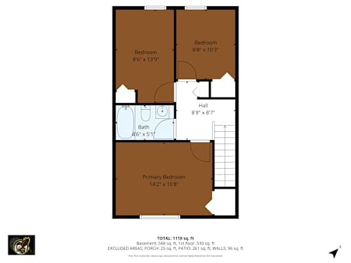 A floor plan of a house with three bedrooms and a bathroom.