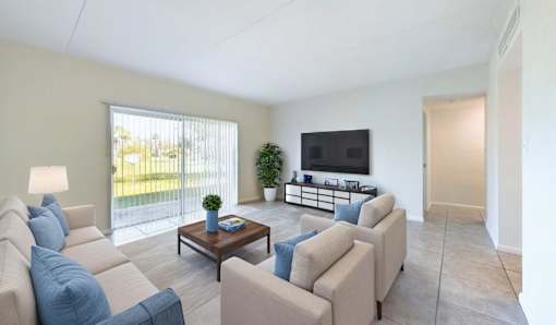 A living room with a couch, a coffee table, and a television.