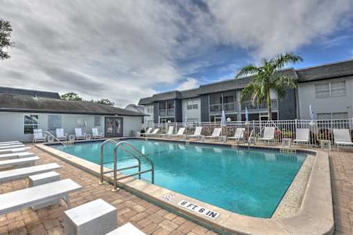 A large outdoor swimming pool with lounge chairs and a palm tree.