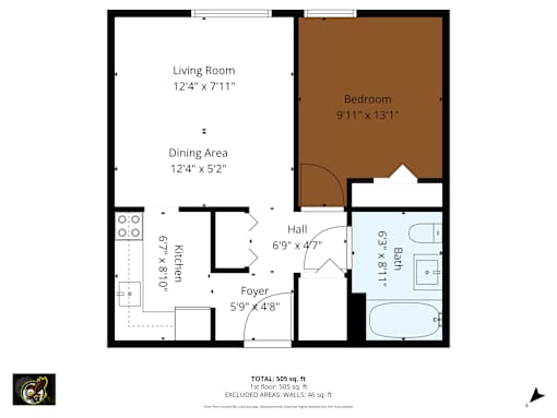 A floor plan of a one-bedroom apartment with a living room, dining area, kitchen, and bathroom.