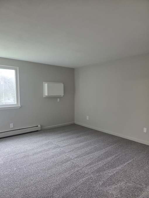 A room with a grey carpet and a window.