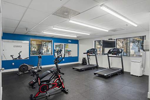 A gym with a blue wall and exercise equipment.