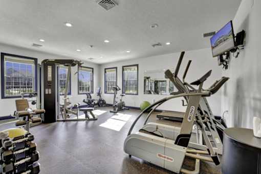 A gym with a variety of equipment including a treadmill, weights, and exercise machines.