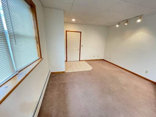 A room with a brown carpet and a white door.