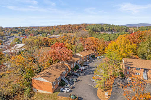 A parking lot is surrounded by trees with autumn foliage.