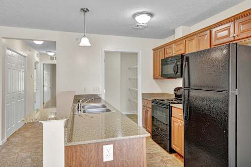 A kitchen with a black refrigerator and wooden cabinets.