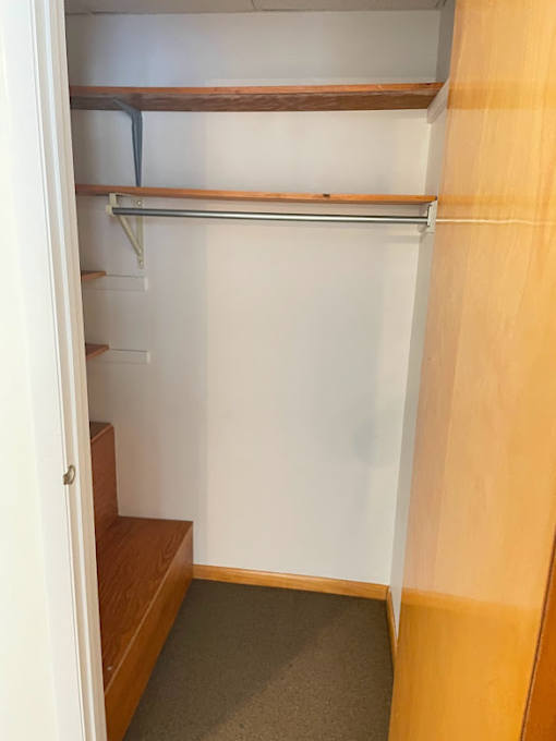 A white closet with a brown shelf and a grey carpet.