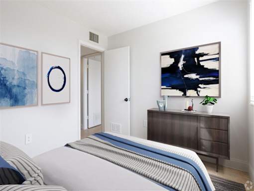 a bedroom with a bed and a dresser