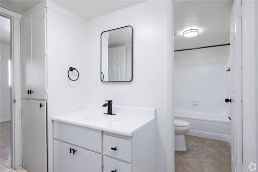 a white bathroom with a sink and a mirror