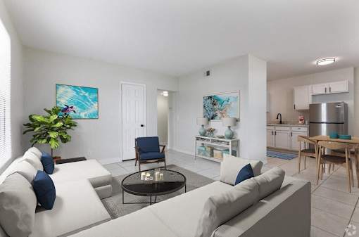 a living room with a couch and a table