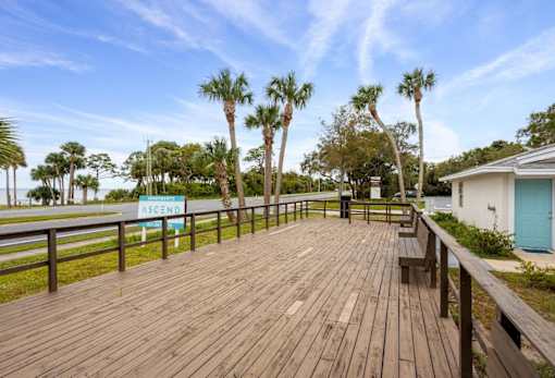 the deck is overlooking the water and palm trees