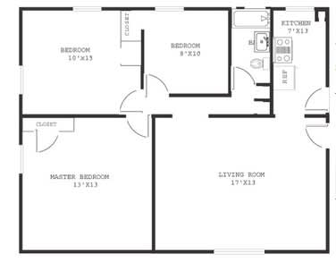 A black and white image of a house floor plan with a living room, two bedrooms, a kitchen, and a bathroom.