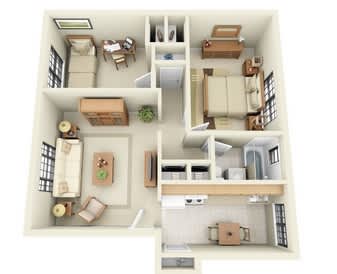 A 3D floor plan of a small apartment with a kitchen, living room, and bedroom.