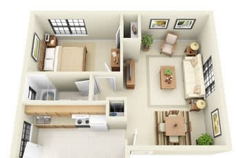 A 3D floor plan of a small apartment with a kitchen, living room, and bedroom.