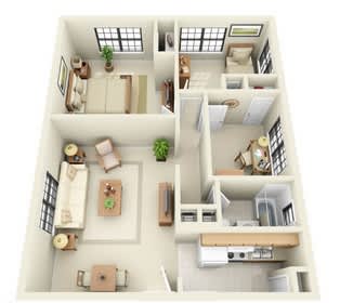 A 3D floor plan of a small apartment with a kitchen, living room, and bedroom.