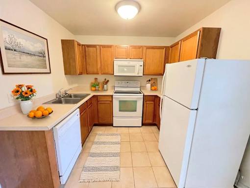 A kitchen with a white fridge, white dishwasher, and white sink.