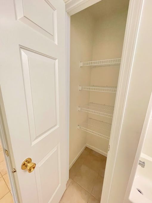 A white door with a gold handle is open to a white pantry with empty shelves.