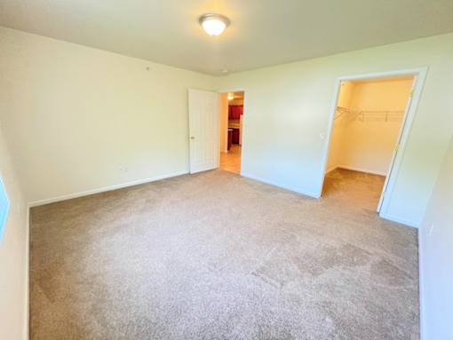 A room with a carpeted floor and two open doors.