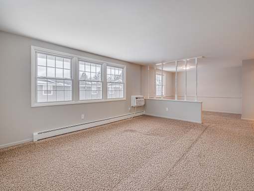 A room with a carpeted floor and a window.