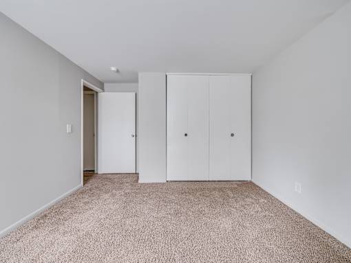 A room with a carpeted floor and two white doors.