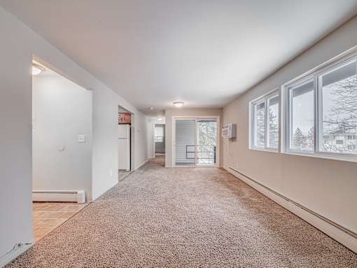 A spacious room with a carpeted floor and large windows.