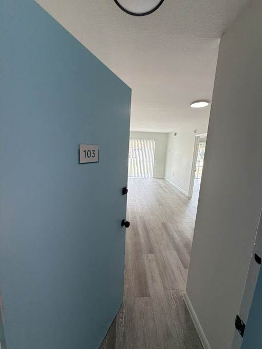 A hallway with a door on the left and a light on the ceiling.
