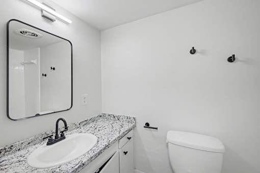 A bathroom with a sink, mirror, and toilet.
