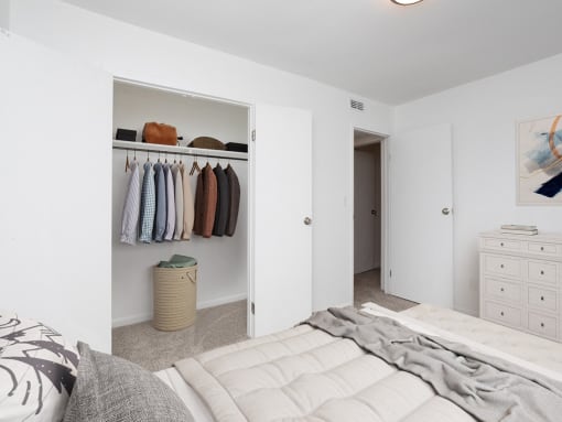 a bedroom with a closet and a bed and a closet with clothes hanging on it