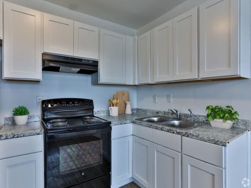a kitchen with white cabinets and black appliances and a sink