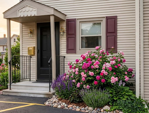 A small house with a black door and a flower bed in front.