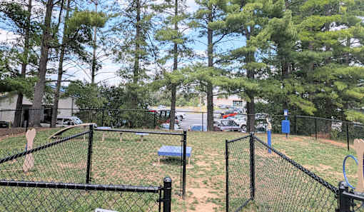 A playground with a blue slide and a fence.