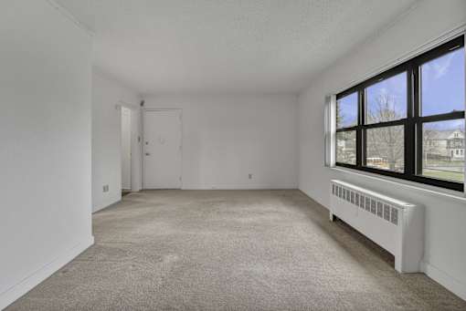Empty room with carpeted floor and large windows.