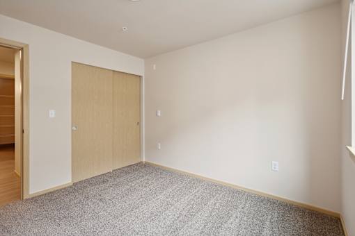 an empty room with carpet and a door to a closet