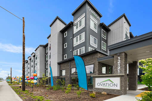 Building entrance with Ovation at Paine Field signage in Everett, WA