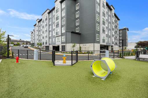 Play area for Pets with slide outside the apartment building at Ovation at Paine Field