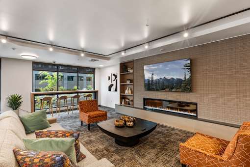 Living Room with Fireplace at Solera Apartments, Renton, WA