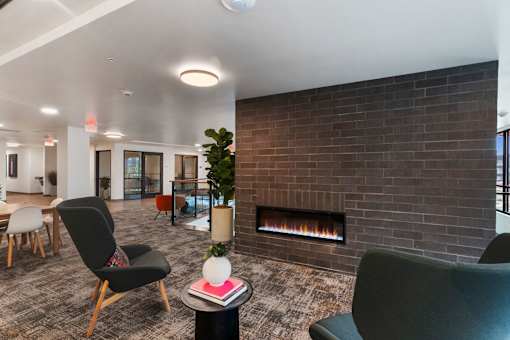 Living Area with Fireplace at Solera Apartments, Renton, WA
