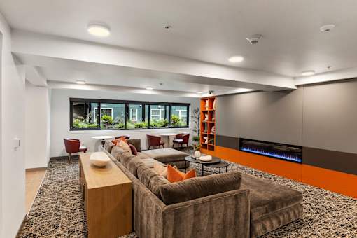 Modern Living room with Fireplace at Solera Apartments, Renton