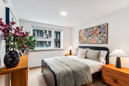 Bedroom with bed at Solera Apartments, Renton, Washington